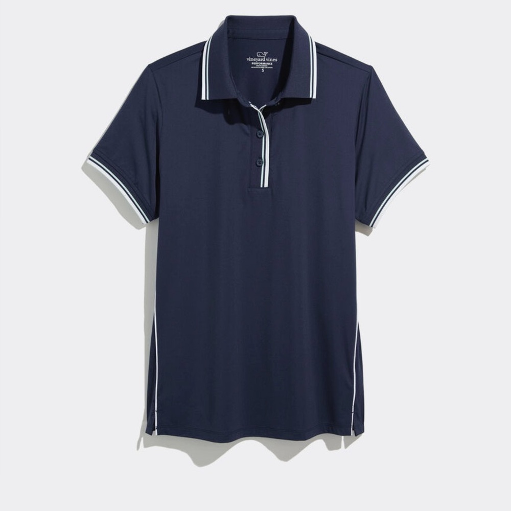 Vineyard Vines Performance Polo; Navy blue, white & light turquoise trim; Size M